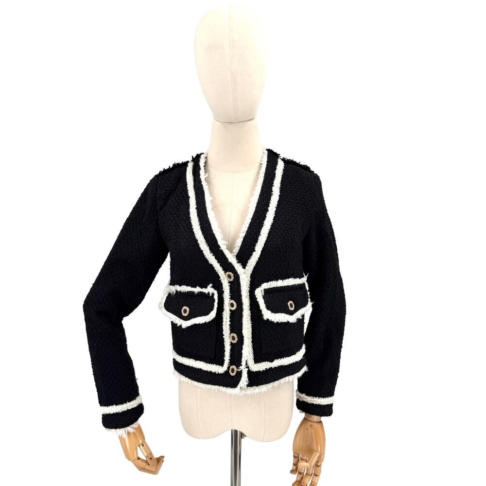 AQUA Black White Trim Boucle Tweed Gold Button Ladylike Blazer
